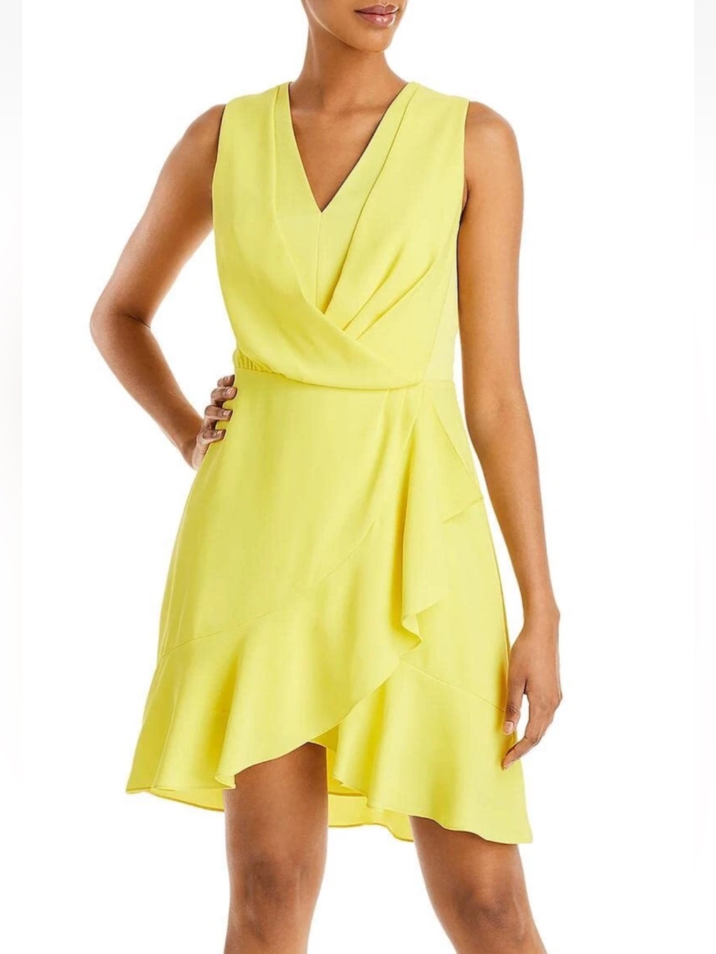 Bcbgmaxazria Womens Party Mini Dress Yellow Size 6 V-Neck Yellow Wrap Ruffle